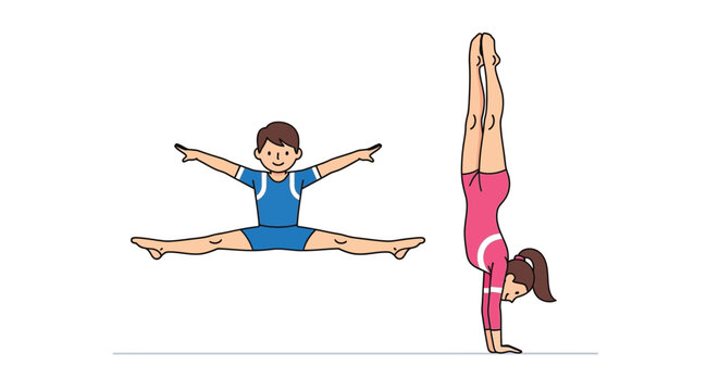 Two cartoon children performing gymnastic exercises: a boy doing a straddle split and a girl doing a handstand, illustrating flexibility and strength.