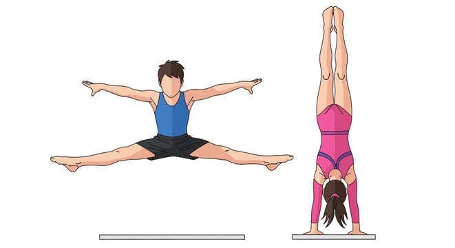 Two gymnasts performing different exercises: a male gymnast doing a straddle jump and a female gymnast in a handstand on a white background.