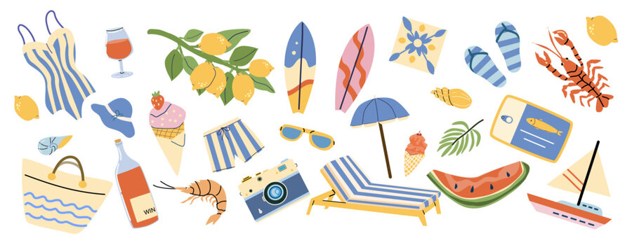 Mediterranean coastal summer stickers with vacation elements and beach accessories. Cartoon flat style sea holiday set with lemon trees, sun, sunglasses, flip flops, shells, surfboard and cocktail