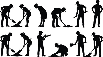Construction worker silhouettes, manual labor illustration, shoveling and digging art, planting and inspection design, trumpet player concept, workforce diversity representation © MstParvin