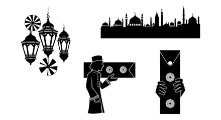 Vintage street lamps and silhouettes of cityscape and architectural landmarks Vector, illustration © Sidratul