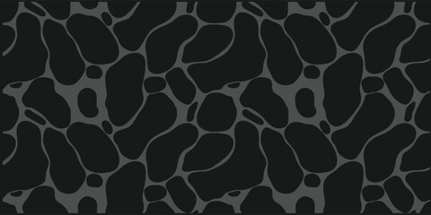 Obraz premium Seamless dark organic abstract pattern with irregular fluid shapes. Black charcoal camouflage style background with cell like forms. Repeating modern texture ideal for wallpaper, fabric .