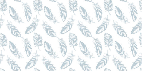Seamless blue feather pattern on light neutral background. Soft airy plumage illustration with minimal elegant style. Repeating avian texture perfect for fabric, wallpaper, packaging and surface . © NisatFarjana