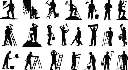 Construction worker silhouettes, painting and ladder illustration, bucket and shovel art, renovation labor concept, building site design, workforce representation © MstParvin