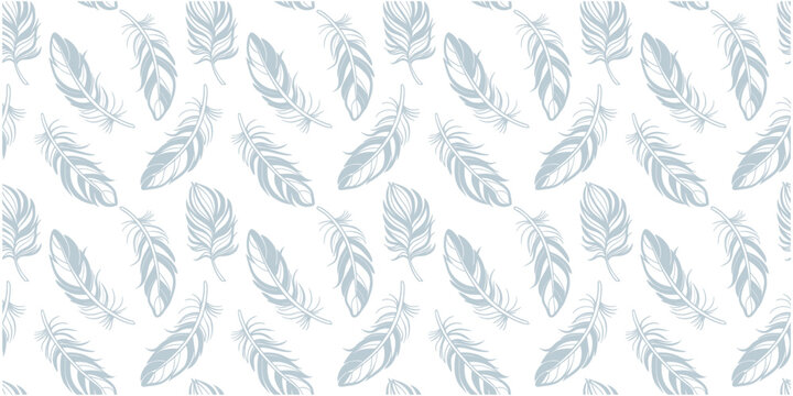 Seamless blue feather pattern on light neutral background. Soft airy plumage illustration with minimal elegant style. Repeating avian texture perfect for fabric, wallpaper, packaging and surface .