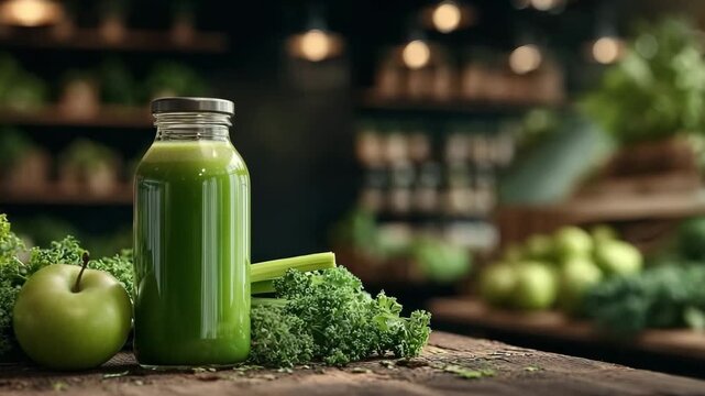 Green detox juice bottle with apple kale and celery on black background. Vibrant green juice in bottle with kale celery and green apple on side. healthy eating and detox cleanse