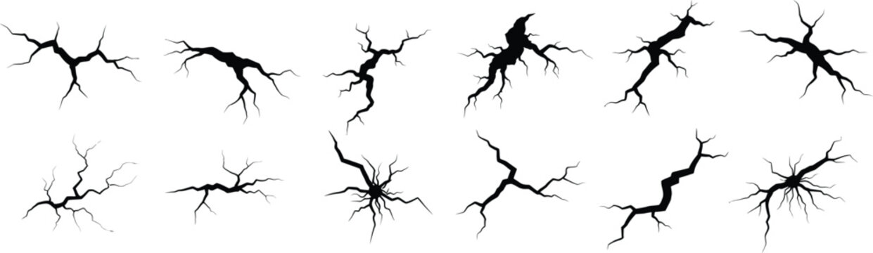 Set of black crack shapes isolated on white background. Jagged fracture lines and broken surface elements. Grunge damage effects for posters, overlays, and graphic design. 