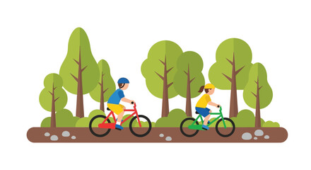 Fototapeta premium Two children, a boy and a girl, riding bicycles on a dirt path with green trees in a park setting.