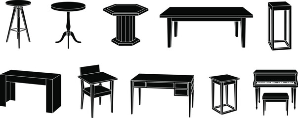 Furniture silhouette set collection, tables chairs desk piano icons, black vector illustration isolated, modern interior design elements bundle pack © Its Marjia's World