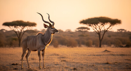 Naklejka premium A majestic antelope with spiral horns standing in a dry savanna during sunset