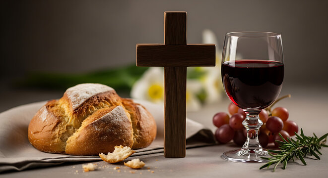 Bread, wine, and cross on table for communion or eucharist ritual