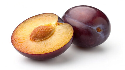 Fototapeta premium Whole and sliced plum showing bright flesh near the seed on white background and isolated from other objects in natural light