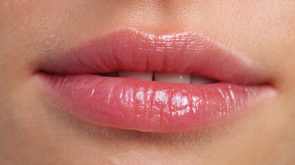 Fototapeta premium Close-up of a woman's lips with pink lip gloss on her mouth