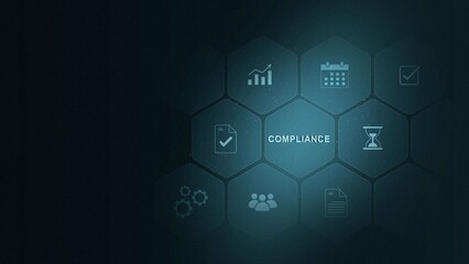 Fototapeta premium Compliance ensures alignment with standards, laws, and policies. A strong compliance system helps enforce regulation, protect organizations, and digital 3d interface and illustration