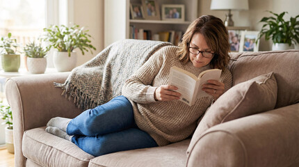 Obraz premium Middle-aged mother lying on sofa reading book