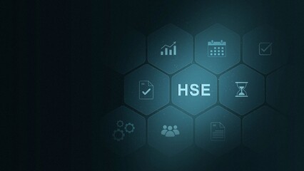 Fototapeta premium HSE - Health Safety Environment web banner with icons in concept HSE for business and organization. Standard safe industrial work and industrial, digital 3d interface and illustration