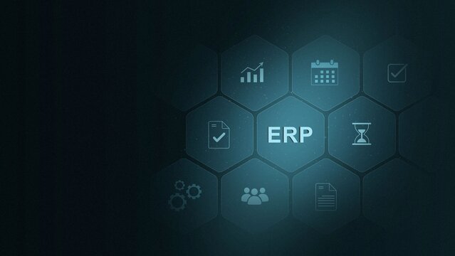 ERP platform visual showing centralized system for enterprise resource planning, improving integration, data flow, finance, inventory, and digital 3d interface and illustration
