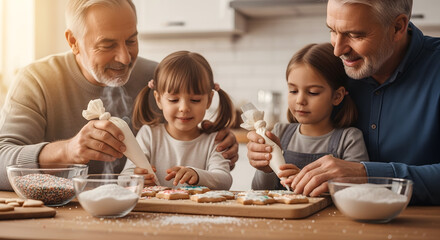 Two elderly men and young girls using piping bags to put frosting on star shaped biscuits