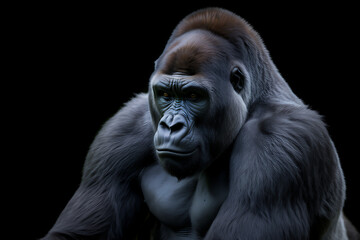 Fototapeta premium Imposing silverback gorilla with thoughtful expression on dark background