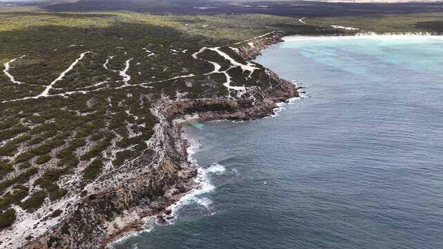 Pelamis Point, Sleaford, South Australia &ndash; 4K Aerial Drone Footage of Fishery Bay, rocky headlands, limestone cliffs, ocean waves, rugged Eyre peninsula coastline in Lincoln National Park.