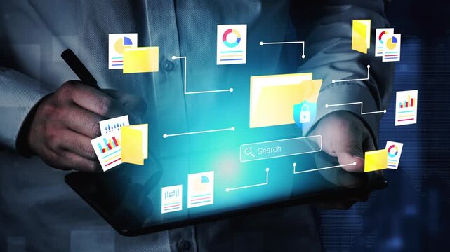 Modern Digital Data Management Concept with Tablet and Graphs, Illustrating Data Organization and Searching Techniques for Efficient Business Solutions Gluon.