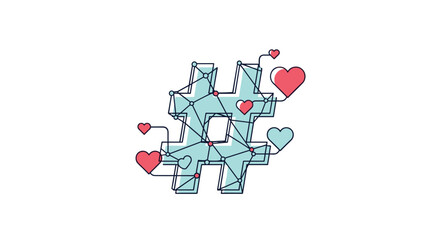 Obraz premium Creative illustration of a hashtag symbol adorned with interconnected lines and floating hearts, representing social media engagement, online love, and digital connection.