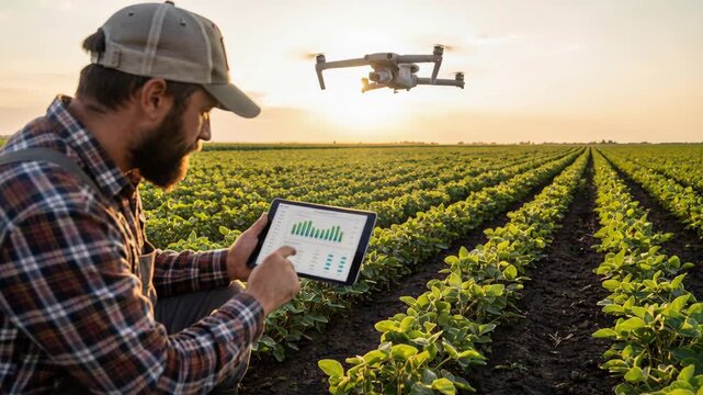 Digital agriculture farmer using tablet and drone to monitor crop and soil health in field at sunset with aerial maps and technology