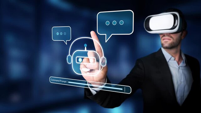 A human using a virtual reality headset interacts with a digital chatbot interface, showcasing futuristic technology and innovative communication methods in a modern setting. Raster