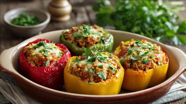 Colorful stuffed bell peppers in ceramic dish garnished with herbs on rustic table. Baked bell peppers filled with Thanksgiving leftovers concept of homemade fall comfort food.