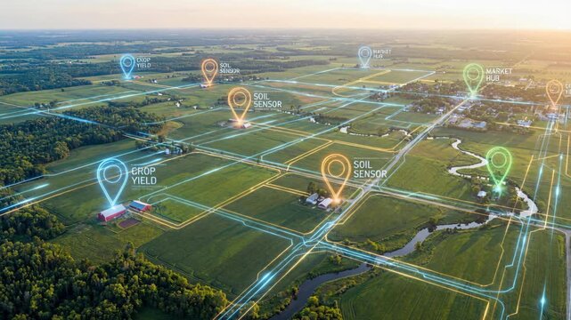 Digital agriculture aerial farm field sensor soil crop yield mapping smart farm network connected fields sunset precision monitoring golden light