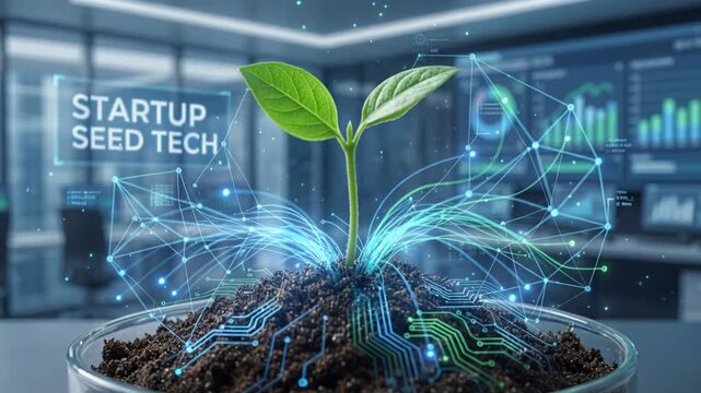 Digital agriculture seedling sensor network connecting soil data technology and smart lab visualizing glowing roots analytics and growth innovation