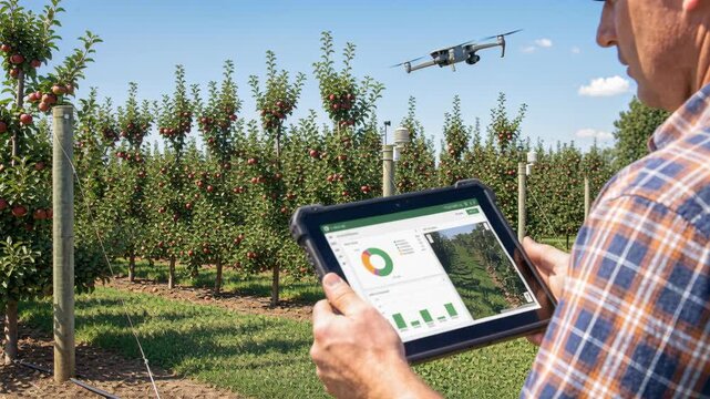 Digital agriculture drone monitoring orchard with tablet showing crop data charts and map capturing tree health and yield insights. farmer uses
