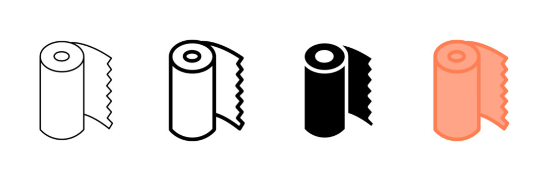 Set of minimalist paper roll icons with transparent background, depicting toilet paper, paper towel, and sanitary items for hygiene, kitchen, and bathroom, vector illustration