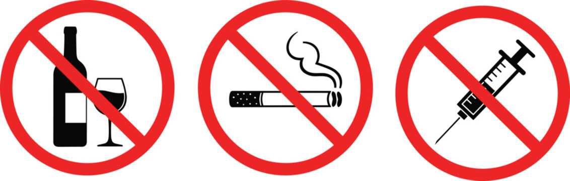 Set of prohibition signs for bad habits featuring no alcohol, no smoking, and no drugs symbols with red strikeout circles for health safety.