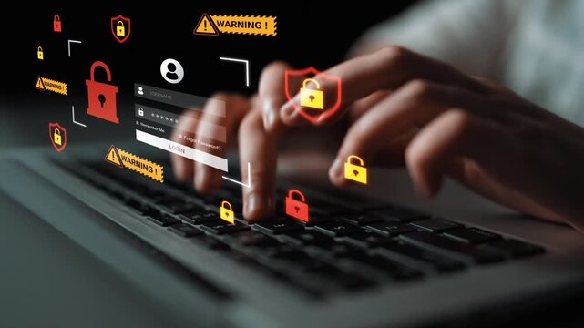 Hands typing on a keyboard with digital security icons and warning symbols, illustrating online security, data protection, and cybersecurity concerns in modern technology Gluon.