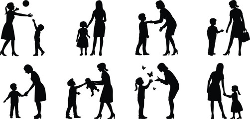 Obraz premium Silhouette Collection Of Mothers And Children Interacting In Various Activities family