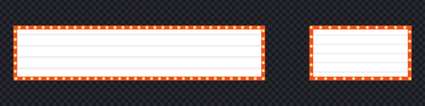 Retro theater marquee and cinema light box sign board set. Blank outdoor movie signage with glowing bulbs for message display. Vector Illustration.