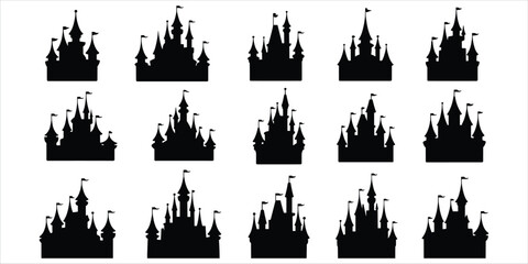 Silhouette Collection Of Fairytale Castles With Flags On White Background fantasy architecture © MdAbdur