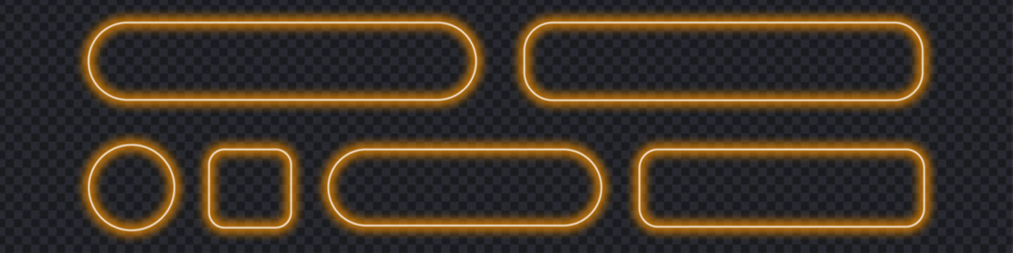 Golden neon glowing rounded rectangle frames on transparent background. Set of futuristic yellow light borders for digital banner and UI design. Vector Illustration.