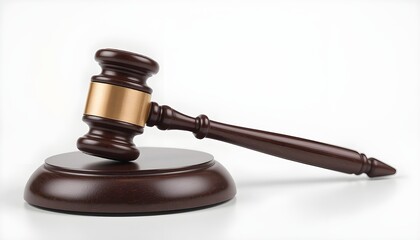 Isolated on a white background is the judge's judgment gavel hammer. timber stand and wooden auction hammer. The concept of law and justice