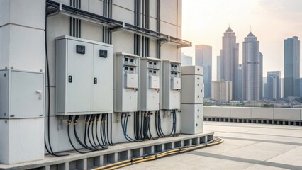 Electrical panels and meters mounted on a rooftop with a city skyline in the background during sunset.