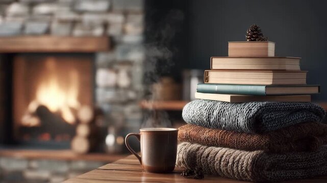 Cozy reading corner with stack of books knit blankets and fireplace warmth. Cozy fireplace setup with stacked books knitted blanket and steaming mug cozy winter relaxation