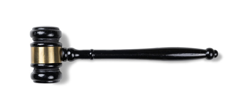 Judge's gavel hammer for adjudication isolated on white background. wooden auction hammer with a wooden stand. law and justice concept. clipping path