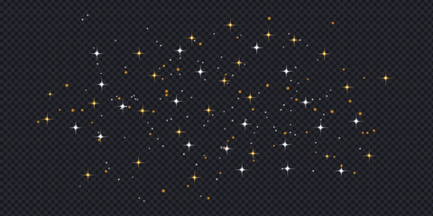 Gold and white sparkling stardust and glitter stars on dark transparent background. Glowing magic light effect for luxury festive decoration. Vector Illustration. © MdNurul
