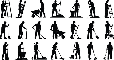 Manual labor worker silhouettes, construction and maintenance illustration, broom and shovel art, ladder and wheelbarrow design, workforce diversity representation © MstParvin