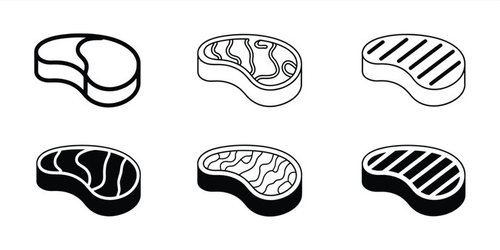 Meat icon set, beef vector illustration, steak symbol, BBQ sign, raw meat pictogram, grilled steak icon for top ranked food and hospitality visuals, cooking menus, barbecue party graphics