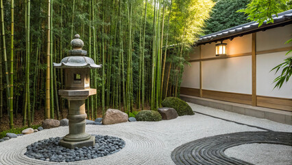 Obraz premium Serene garden scene with bamboo trees and stone lantern during daylight in a traditional Japanese setting