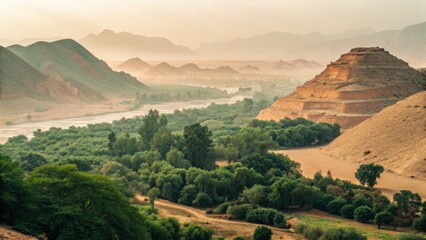 A scenic valley with lush greenery, winding river, and layered mountains under a soft, golden sky at sunrise or sunset.
