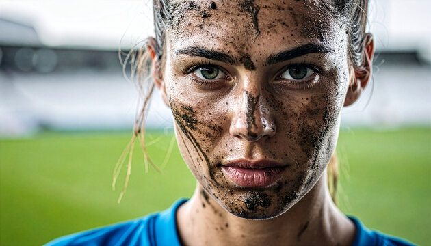 Portrait of female soccer player with muddy face and green eyes