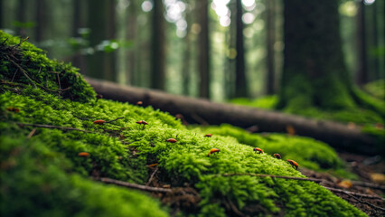 Fototapeta premium Mushrooms growing on green moss in a forest during a sunny day in a quiet location with tall trees